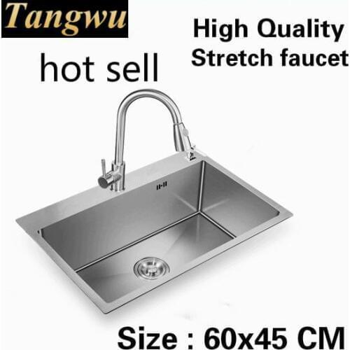 Free shipping Home vogue kitchen manual sink single trough luxury wash vegetables stretch faucet 304 stainless steel 60x45 CM