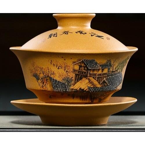 Yixing original ore purple sand hand-painted Jiangnan Chun dynasty gaiwan household Kung Fu three talent gaiwan Soperas LB80313