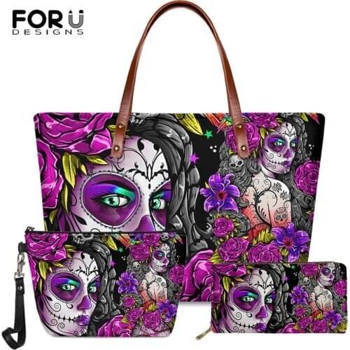 FORUDESIGNS Sugar Skull Girls and Rose Printed Ladies Fashion Shoulder Bags With Zipper Wallet Large Capacity Sac a Main