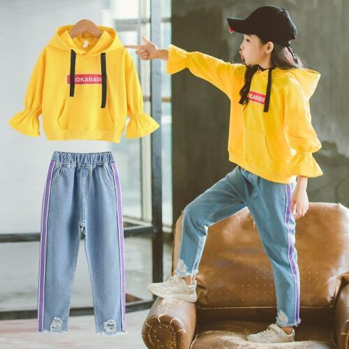 2018 Spring Fall Girls Sweatshirt Suit Childrens Sports Clothing Set Female Kids Sportswear + Spliced Jeans 2 Pcs Tracksuit B30