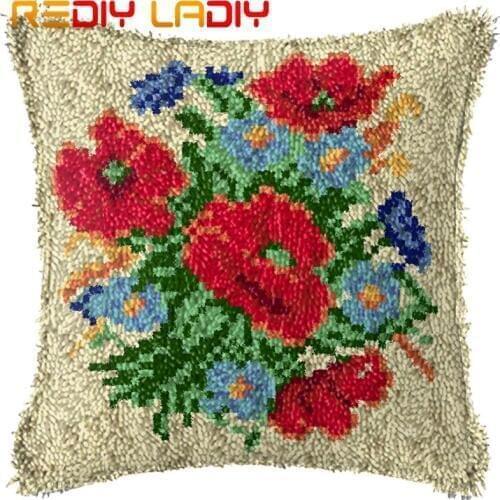 Latch Hook Cushion Poppy & Daisy Pillow Case Printed Color Canvas Acrylic Yarn Latched Sofa Pillow Crochet Cushion Cover Kits