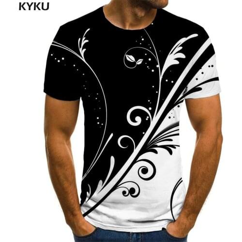 KYKU Flower T shirt Men Art T-shirts 3d Black And White Funny T shirts Short Sleeve T shirts Printed Streetwear Tops