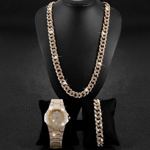 Hip Hop Style Crystal Miami Cuban Chain Men Watch & Necklace & Bracelet Set Gift for Love Friend 4 Colors