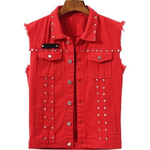 Sokotoo Mens rivet red jean vest Slim fringe sleeveless denim waistcoat Trendy tank top