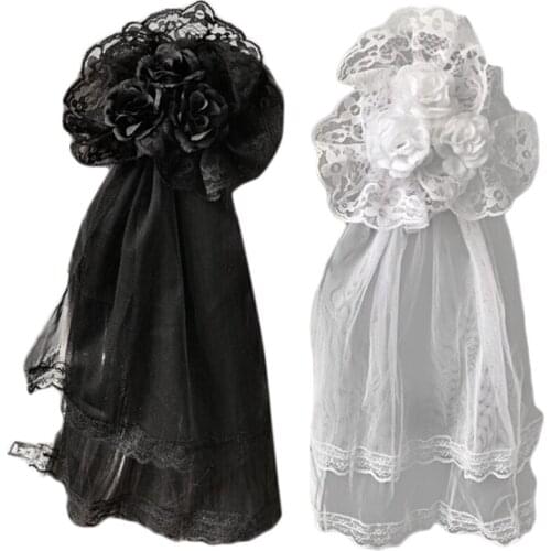N7MF Lolita Gothic Headdress Lace Veil Headwear Rose Side Clip Barrette Halloween Cosplay Accessories Party Headpiece