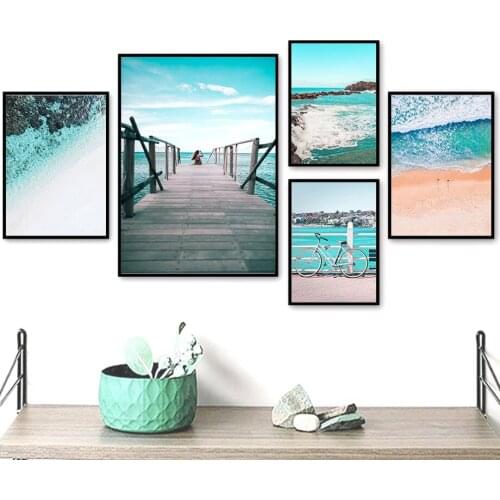 Wall Art Canvas Painting Beach Wave Bicycle Bridge Girl Landscape Nordic Posters And Prints Wall Pictures For Living Room Decor