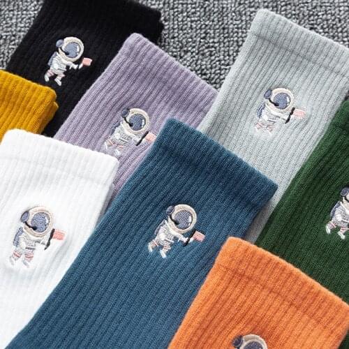 Spring and summer couple socks solid color ins tide embroidery astronaut net red fashion wild tube socks sports tide socks
