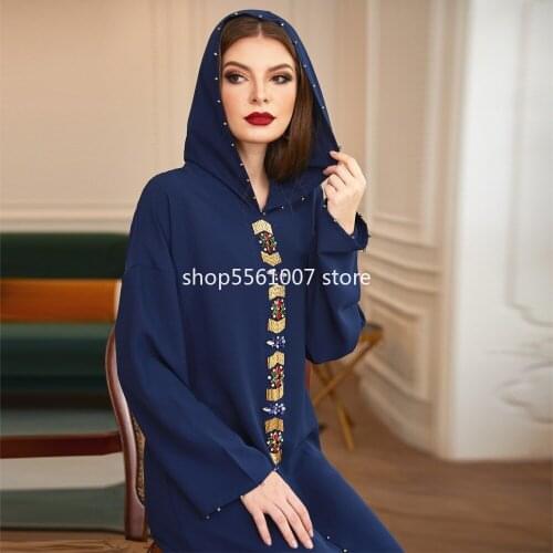 2021 NEW Women Moroccan Jellaba Rhinestone Hooded Abaya Dress Loose Long Sleeves Bugle Beaded Muslim Party Evening Gowns Caftan
