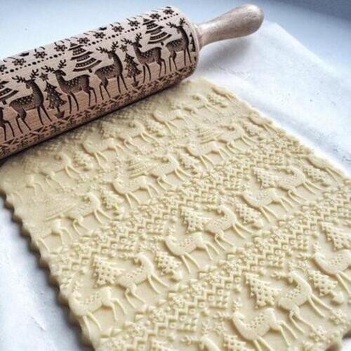 Christmas Rolling Pins Rock Snowflake Elk Wooden Rolling Embossing Baking Cookies Biscuit Fondant Cake Patterned Roller 35*5cm