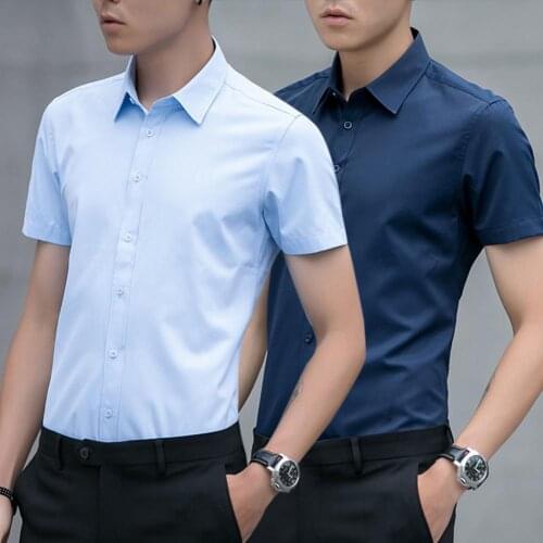 Mens Shirts Business Male Pure Colour Shirt Lapel Short Sleeve Solid Color Polyester Button Down Shirt for Daily Wear Plus Size