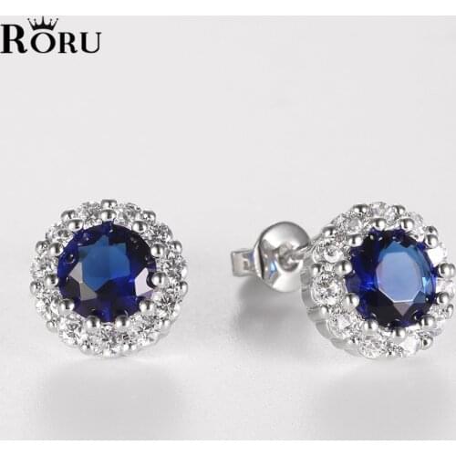 Simple Blue Stone Womens Stud Earrings Fashion Geometry Studs Zirconia Earrings Cute Earrings Jewelry Gift for Women Lady