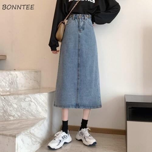 Skirts Women Mid-calf Summer All-match Trendy 2021 Korean Style Student Simple Blue Buttons Over-fashioned Female Leisure A-line