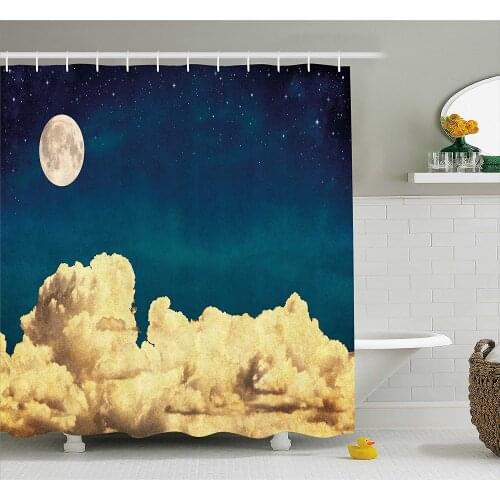 Night Sky Shower Curtain Fantasy Sky Stars Full Moon and Fluffy Clouds Vintage Style Artwork Picture Waterproof Bath Curtains