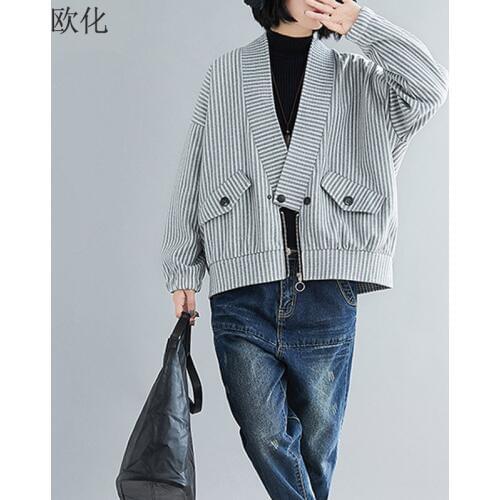 2019 Autumn Winter Vintage Female Outerwear Plus Size Women Bomber Jacket Coat Big Size Long Sleeve Korean Striped Clothes 5XL