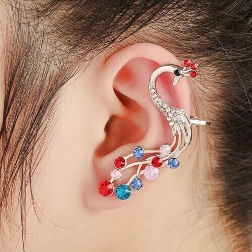 Womens Fashion Diamond All-Match Earrings Peacock Color Temperament Personality Diamond Ear Clip Exquisite Exaggerated Ear Clip