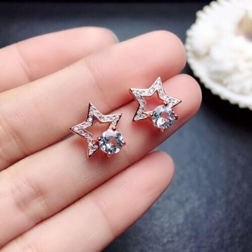 Fashion Lovely Stars Natural blue Aquamarine stud earrings S925 silver natural gemstone earrings girl party gift fine jewelry