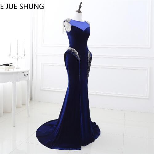 E JUE SHUNG Navy Blue Velvet Mermaid Evening Dresses Long 2018 Crystals Beaded Evening Gowns Formal Dresses Dubai Arabic Dresses