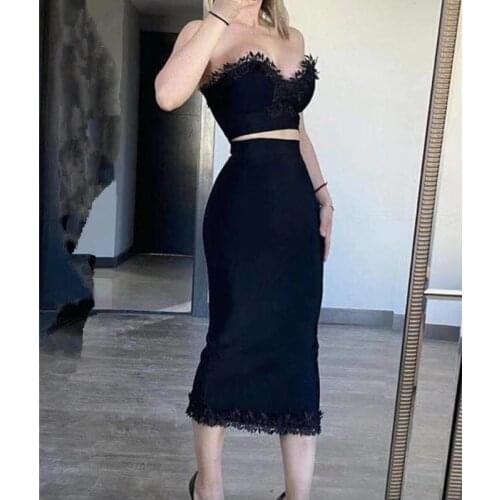 Mid Calf Summer Sexy Ladies Sleeveless Strapless Two Pieces Bandage Dress Floral Lace Bodycon Celebrity Party Black PInk Vestido