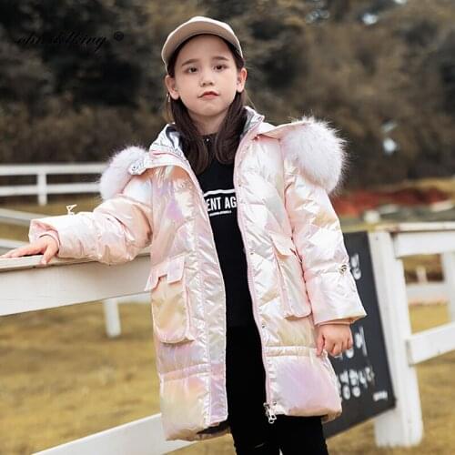 Girls Winter Snowsuit Thicken No Wash Snow Wear 2021 New Real Fur Collar Kids Shiny Parkas for Girl Childrens Clothing 5-12Y