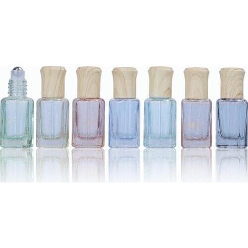 100pcs 3ml 6ml Colorful Glass Roller Bottles with Stainless Steel Roller Balls Wood Grain Lid Perfume Roll on Bottles Lip Balms