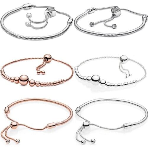 100% 925 Sterling Silver Pave Star & Heart Clasp Snake Chain String Of Beads Slider Bracelet Fit Fashion Charm DIY Jewelry