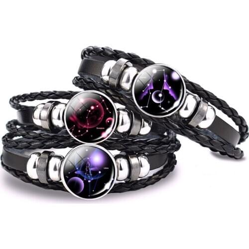 Birthday Gifts 12 Horoscope Aries Leo Libra Gemini Pisces Virgo Glass Cabochon Braided Bracelet Punk Black Leather Woven Bangle
