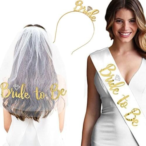 3pcs Gold Bride To Be Sash Veil Tiara Crown Set for Romantic Wedding Bridal Shower Bachelorette Party Decorations Ideas Supplies