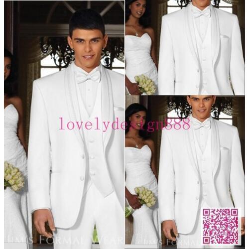 4 Pics New Design Mens Suit Men business Dress 2 Buttons White wedding mens slim clothing Groom Suit(Jacket+Pants+Tie+Vest)