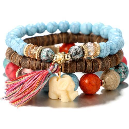 HuaTang 3pcs /set Bohemian Elephant Tassel Bracelet Set for Women Adjustable Colorful Stone Beadeds Bracelets Bangle 6850