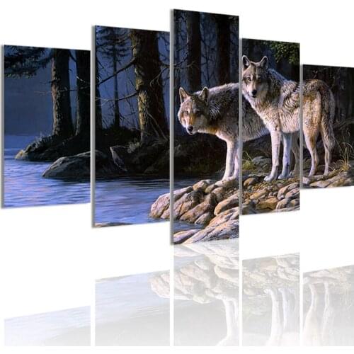 Wolf Nature 5 Panels DIY Wood Frame Canvas Painting Posters Wall Art Print Picture Living Room Home Decoration