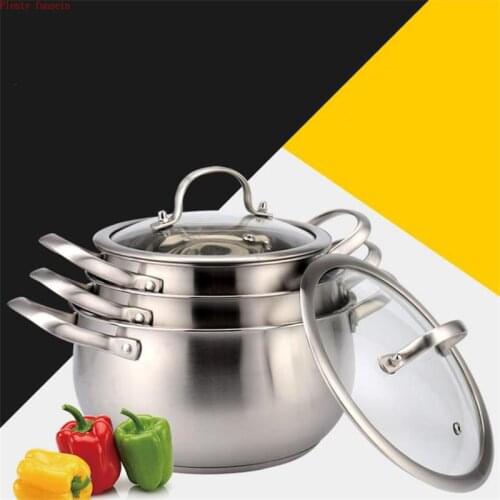 Thickened bottom stainless steel soup pot with double handle glass cover induction gas cooker non-stick mouth 18/20/22/24 cm