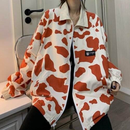 Bomber Jacket Women Baseball Uniform Cow Both Sides Casual Loose Polo Neck Autumn Thin Coat Harajuku Streetwear Vintage Clothing