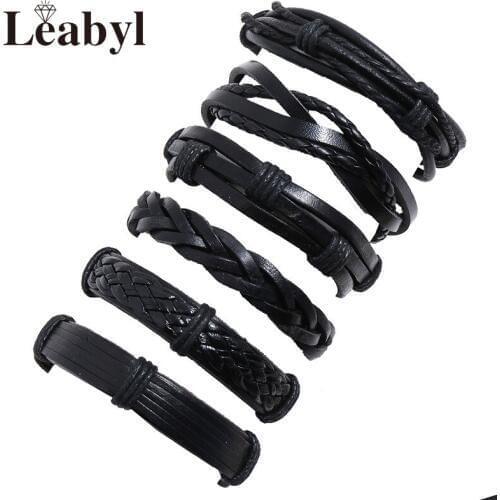 Leabyl Hot Classic Retro Cow Leather Black Wrap Vintage Bracelet Set Multi Layer Braided Cowhide Leather Punk Men Bracelet
