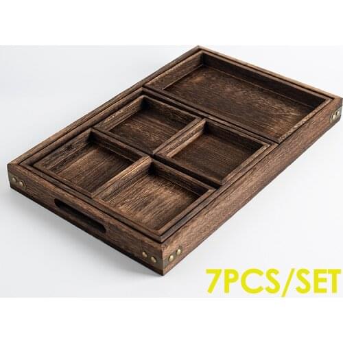 7pieces Wood Plate Set Wood Pan Fruit Bread Dishes Food Storage Tray Dessert Dinner Tableware Photography Plate Shooting Props