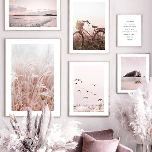 Pastel Color Beach Reed Bicycle Island Wall Art Canvas Painting Nordic Posters And Prints Wall Pictures For Living Room Decor