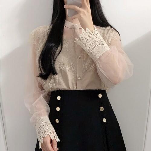 2020 Spring New Women Fashion Blouse Solid Color Transparent Long-sleeved Lace Shirt Sweet Cute Tops Chemise Blusa Mujer