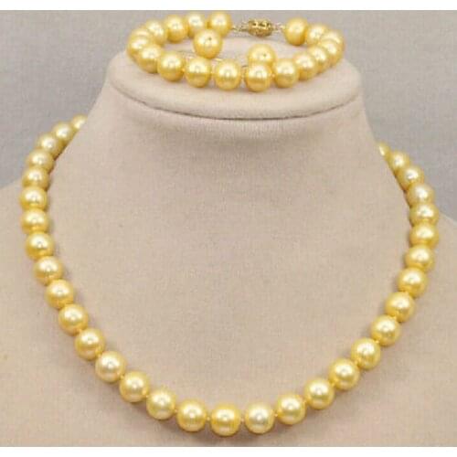 Charming AAA 9-10mm South Sea Yellow Pearl Necklace Bracelet 14k + Earring
