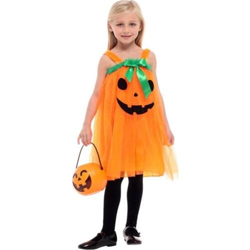Orange Girls Pumpkin skirt Halloween Witch Costumes Kids Children Sorceress Cosplay Carnival Purim parade Masquerade party dress