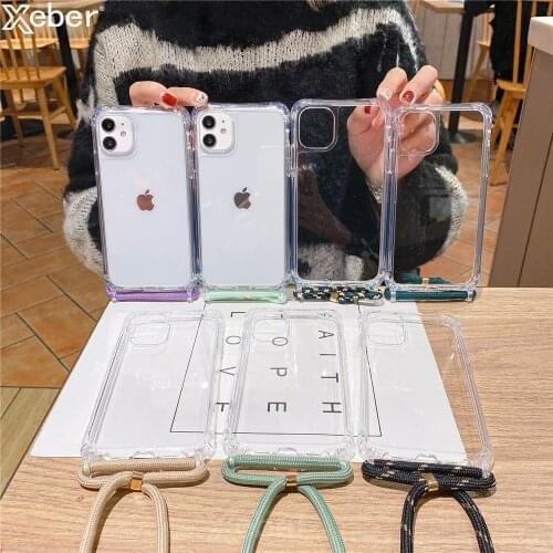 Transparent Cell Phone Case For iPhone 12Mini 11 Pro Max X XR XS 8 7 6S 6 Plus SE Hard Acrylic Lanyard Strap Shoulder Back Coque