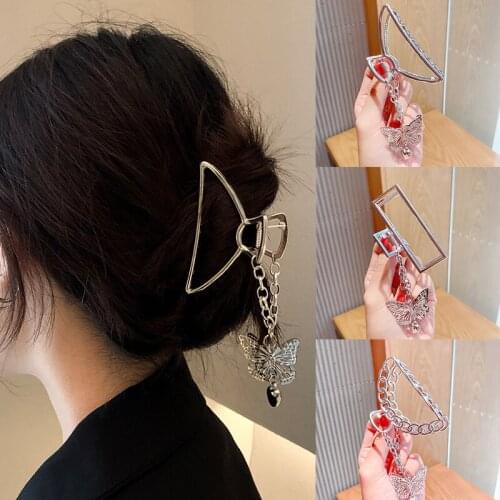 Retro Butterfly Love Pendant Hair Claw For Women Crab Sliver Trendy Hollow Out Geometric Hair Clips Metal Chain Hair Accessories