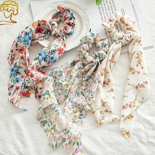Korean Bow Long Ribbon Hair Scrunchie Chiffon Floral Tie Hair Band Accessories Sweet Elastic Print Ponytail Hair Scarf Hair K8C4