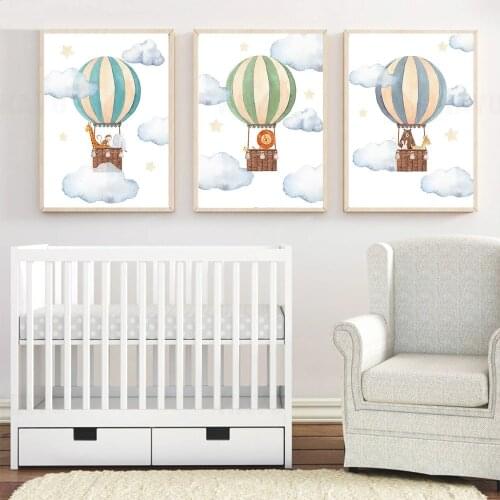 Lion Elephant Bear Woodland Animal Print Hot Air Balloon Cloud Canvas Painting Nursery Wall Art Poster Picture Baby Room Decor