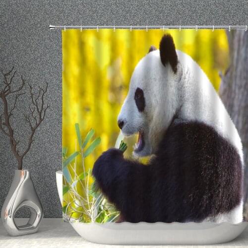 Panda Shower Curtains Cartoon Wild Animal Green Bamboo Home Bathroom Polyester Decorative Screens Polyester With Hooks Washable