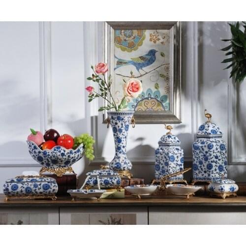 Blue and white porcelain, new Chinese ceramics copper towel box living room coffee table fruit tray modern classical househo