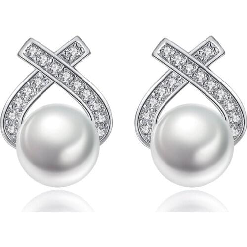 Simple Sweet 925 Sterling Silver Zircon Pearl Stud Earrings For Women Wedding Jewelry Gift