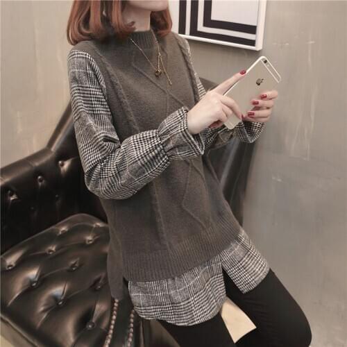 Women Sweater Fake 2 Pic Spring Autumn Casual Turn-down Collar Full Computer Knitted Plaid Sweaters For Women Keep Warm