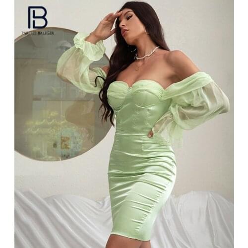 PB Stylish High Waist Light Green Satin Mini Dress Sexy Off Shoulder Long Sleeves Celebrity Party Club Free Shipping