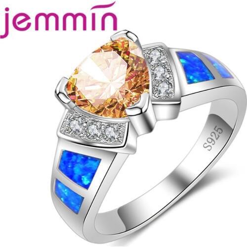 Blue Fire Opal Rings with Orange AAA CZ Crystal Ring For Women Fashion Engagement Wedding Brand Jewelry