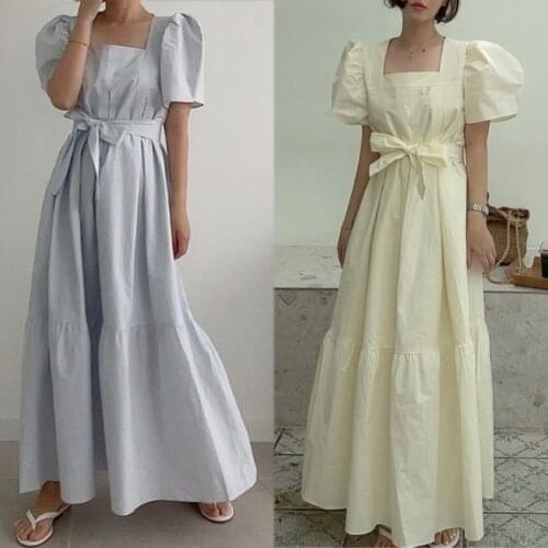 2021 chic Korean summer pure color bubble sleeves gentle temperament leisure retro square collar tie long dress