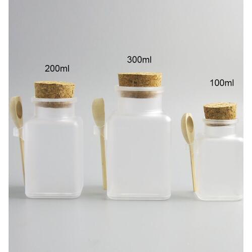 Square big clear ABS plastic cosmetic packaging powder bath salt cork bottle jar with wooden spoon 100ml 200ml 300ml 10pcs